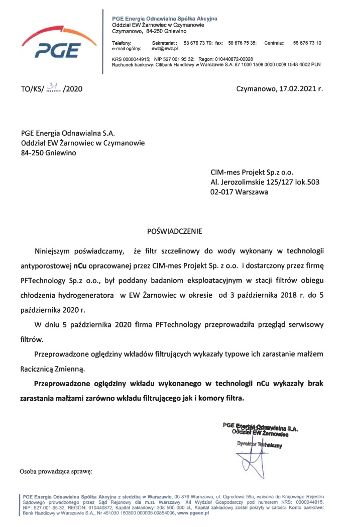 Poświadczenie efektów wykonanych badań : PGE - nCu ECO Coating